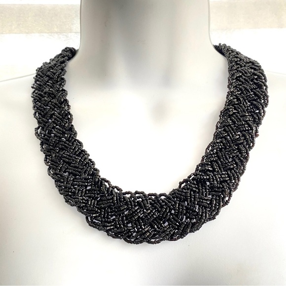 Black Seed Bead Bohemian Wide Braided Collar Necklace - Picture 3 of 8